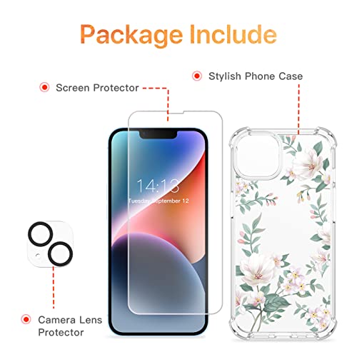 GVIEWIN Compatible with iPhone 14 Case with Screen Protector + Camera Lens Protector, Soft Shockproof Clear Floral Phone Protective Cover for Women, Flower Pattern Design 6.1" (Magnolia/White)