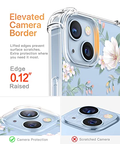 GVIEWIN Compatible with iPhone 14 Case with Screen Protector + Camera Lens Protector, Soft Shockproof Clear Floral Phone Protective Cover for Women, Flower Pattern Design 6.1" (Magnolia/White)