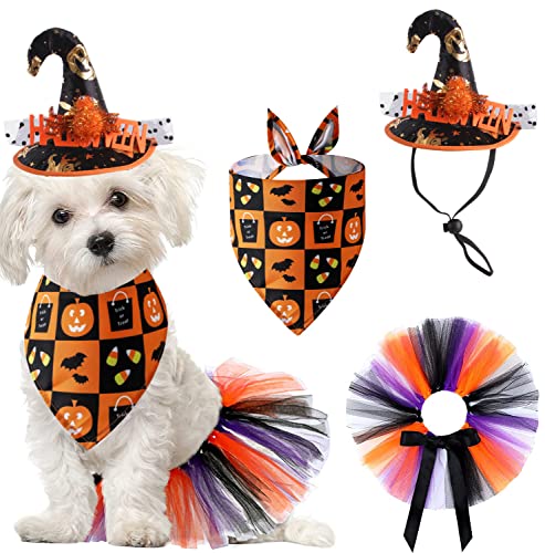 Pet Halloween Spider Costume Pumpkins Dog Bandanas Skirt Witch Hat Holiday Supplies Dress Triangle Scarf Ghost Bowtie Collar Tutu Skirt Bibs Scarf Caps Set for Small Medium Dogs Outfits 3PACK