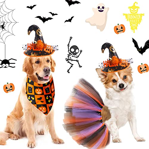 Pet Halloween Spider Costume Pumpkins Dog Bandanas Skirt Witch Hat Holiday Supplies Dress Triangle Scarf Ghost Bowtie Collar Tutu Skirt Bibs Scarf Caps Set for Small Medium Dogs Outfits 3PACK