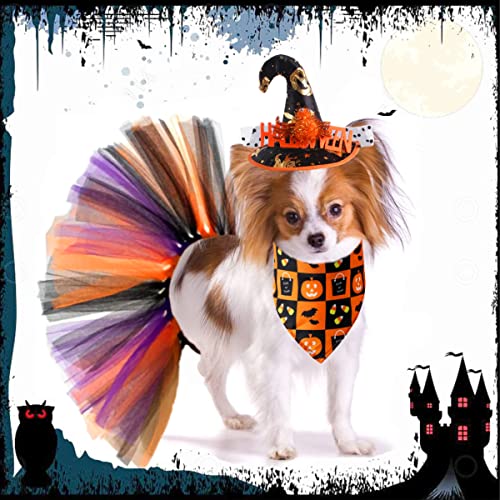 Pet Halloween Spider Costume Pumpkins Dog Bandanas Skirt Witch Hat Holiday Supplies Dress Triangle Scarf Ghost Bowtie Collar Tutu Skirt Bibs Scarf Caps Set for Small Medium Dogs Outfits 3PACK