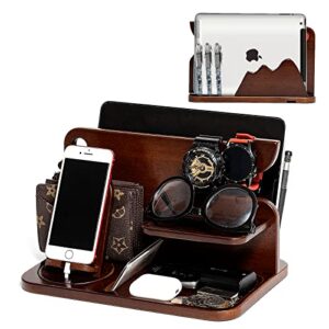 wood phone docking station for men, nightstand organizer for him husband, watch stand wallet station key holder gifts for dad birthday