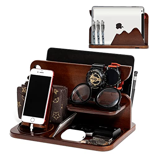 Wood Phone Docking Station for Men, Nightstand Organizer for Him Husband, Watch Stand Wallet Station Key Holder Gifts for Dad Birthday