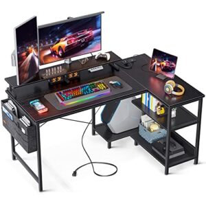 odk l shaped 48 inch computer desk with usb charging port & power outlet, l-shaped gaming desk with storage shelves & monitor shelf for home office workstation, modern writing table, black