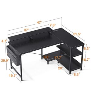 ODK L Shaped 48 Inch Computer Desk with USB Charging Port & Power Outlet, L-Shaped Gaming Desk with Storage Shelves & Monitor Shelf for Home Office Workstation, Modern Writing Table, Black