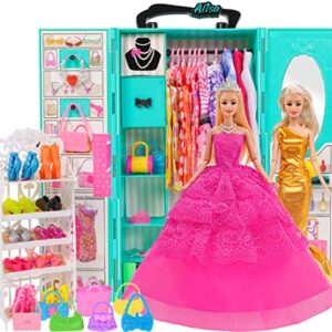 Ebuddy Fashion Lot 105 Items 11.5 Inch Girl Doll Dream Closet Wardrobe with Clothes and Accessories Including Wardrobe Shoes Rack Dress Shoes Hangers Necklace and Other Accessories(No Doll)