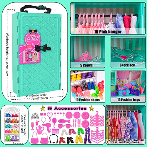 Ebuddy Fashion Lot 105 Items 11.5 Inch Girl Doll Dream Closet Wardrobe with Clothes and Accessories Including Wardrobe Shoes Rack Dress Shoes Hangers Necklace and Other Accessories(No Doll)