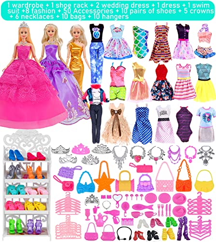 Ebuddy Fashion Lot 105 Items 11.5 Inch Girl Doll Dream Closet Wardrobe with Clothes and Accessories Including Wardrobe Shoes Rack Dress Shoes Hangers Necklace and Other Accessories(No Doll)