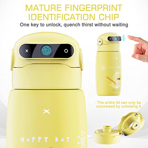 TAYUQEE Stainless Steel Thermo Cup, 470ml Kids Fingerprint Vacuum Insulated Bottles with Straw, USB Rechargeable Traveler Water Bottle - Yellow