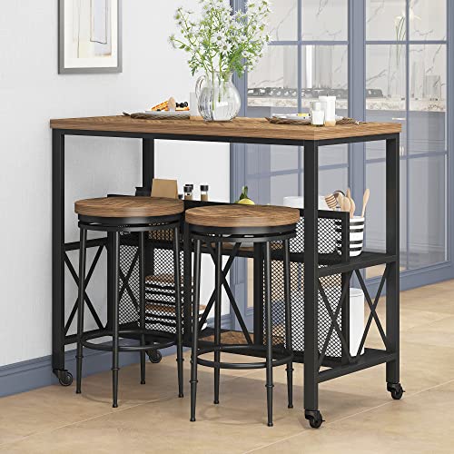 HOMYSHOPY Bar Table and Chairs Set, Modern Counter Height Dining Table Set for 2, Farmhouse Pub Table Dining Room Set with Storage for Kitchen(Brown Wood)