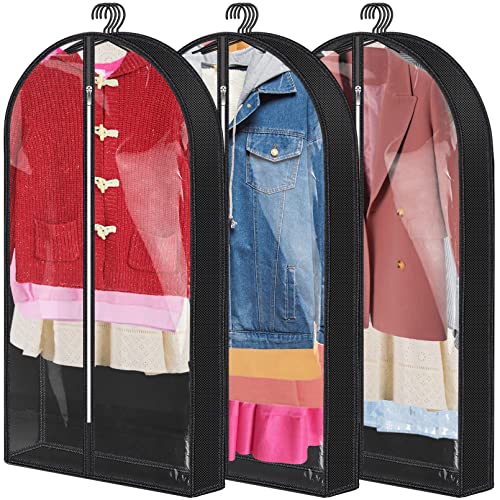 40" Garment Bags for Hanging Clothes,Suit Bags for Closet Storage Travel,Garment Storage Bags with zipper Gusseted 4",Larger Capacity Clear Clothes Cover for Coat,Jacket,Sweater,Shirts,Black,3 Pack