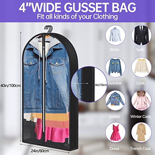 40" Garment Bags for Hanging Clothes,Suit Bags for Closet Storage Travel,Garment Storage Bags with zipper Gusseted 4",Larger Capacity Clear Clothes Cover for Coat,Jacket,Sweater,Shirts,Black,3 Pack