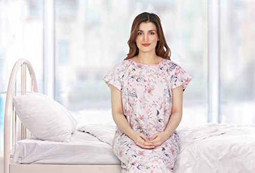 NY Threads Hospital Gown, Soft and Stylish Patient Gown (Small-Medium, White Rose - Pink)