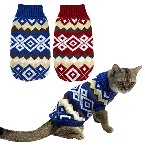 CooShou 2Pcs Christmas Dog Sweater Costume Cat Knitwear Dog Xmas Clothes Blue Christmas Red Sweaters with Diamond Plaid Pattern for Kitten Cat Puppy Dog XS