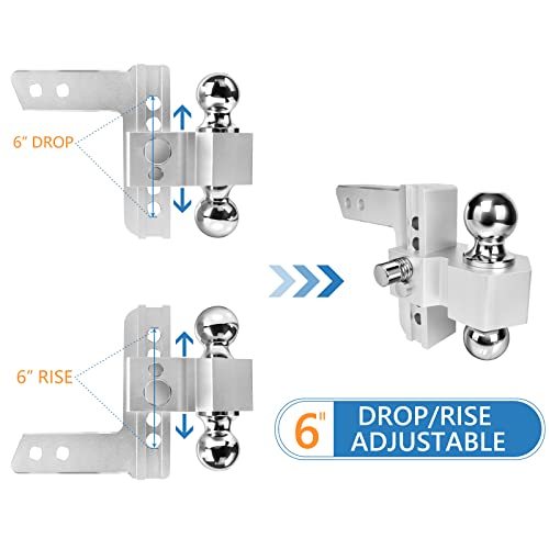 Adjustable Trailer Hitch - Tlvuvmo 6 Inch Drop Hitch for 2 Inch Receiver, Ball Mount Hitch 12,500 LBS, 2" and 2-5/16" Stainless Steel Dual Balls, Aluminum Tow Hitch with Double Anti-Theft Pins Locks