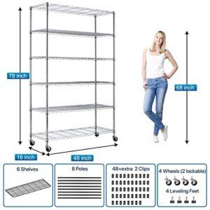 Dkelincs 6 Tier Wire Shelving Unit with Wheels 48" X 18" X 76" Metal Storage Shelves Height Adjustable NSF Heavy Duty Commercial Grade Garage Shelf Rack for Kitchen Basement Restaurant，Chrome