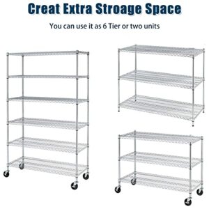 Dkelincs 6 Tier Wire Shelving Unit with Wheels 48" X 18" X 76" Metal Storage Shelves Height Adjustable NSF Heavy Duty Commercial Grade Garage Shelf Rack for Kitchen Basement Restaurant，Chrome