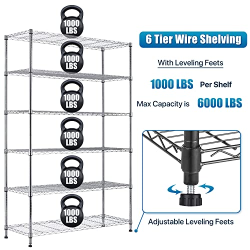 Dkelincs 6 Tier Wire Shelving Unit with Wheels 48" X 18" X 76" Metal Storage Shelves Height Adjustable NSF Heavy Duty Commercial Grade Garage Shelf Rack for Kitchen Basement Restaurant，Chrome