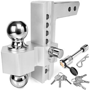 adjustable trailer hitch - tlvuvmo 8 inch drop hitch for 2 inch receiver, ball mount hitch 12,500 lbs, 2" and 2-5/16" stainless steel dual balls, aluminum tow hitch with double anti-theft pins locks