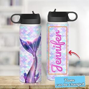 wowcugi Personalized Mermaid Tail Water Bottle Stainless Steel 12oz 18oz 32oz Sports Bottle Reminder Mermaid Gifts For Back To School Birthday Christmas Kids Girls Daughter Sister