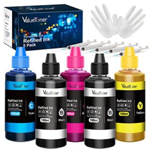 valuetoner ink refill kit for hp printer cartridges for hp67 67xl 63 63xl 65 65xl 61 61xl 950 950xl 951xl 902xl 952xl ink cartridge, 100ml x 5 bottles with syringes (2 black 1 cyan 1 magenta 1 yellow)