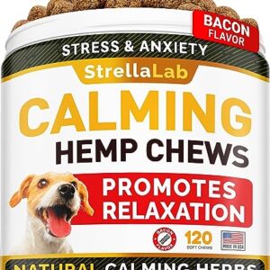 STRELLALAB Hemp Calming Chews for Dogs Anxiety Relief - Made in USA w/Hemp Oil - Dog Training & Behavior Aid - Natural Stress Relief During Firework, Storm, Separation, Barking - 120 Treats