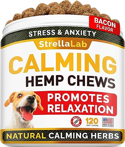 STRELLALAB Hemp Calming Chews for Dogs Anxiety Relief - Made in USA w/Hemp Oil - Dog Training & Behavior Aid - Natural Stress Relief During Firework, Storm, Separation, Barking - 120 Treats