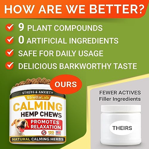 STRELLALAB Hemp Calming Chews for Dogs Anxiety Relief - Made in USA w/Hemp Oil - Dog Training & Behavior Aid - Natural Stress Relief During Firework, Storm, Separation, Barking - 120 Treats