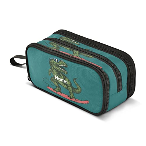 Custom Name Large Capacity Pencil Case 3 Compartment Pouch Pen Bag Skateboard Dinosaur for Middle High School Office College