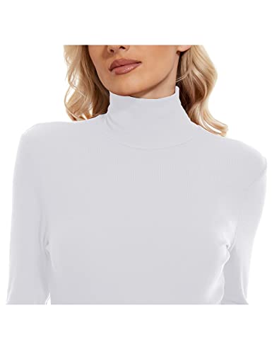 Mockneck Women White Long Sleeve Lightweight Ribbed Knit Pullover Athletic Slim T-Shirt White X-Large