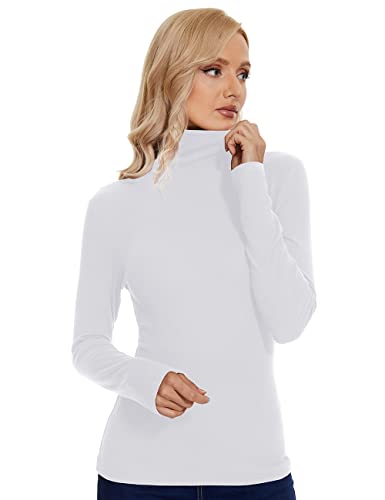 Mockneck Women White Long Sleeve Lightweight Ribbed Knit Pullover Athletic Slim T-Shirt White X-Large