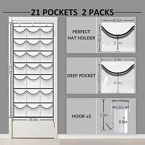 DonYeco 2 Pack Hat Racks for Baseball Caps, 42 Pockets Over Door Cap Organize, Bottom Pocket Space Upgraded with Fixing Stickers, White