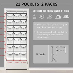 DonYeco 2 Pack Hat Racks for Baseball Caps, 42 Pockets Over Door Cap Organize, Bottom Pocket Space Upgraded with Fixing Stickers, White