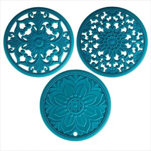 viwehots silicone trivets mats -silicon mat for hot pots and pans, round hot pads and mats, flexible modern kitchen table mat, heat resistant multi-use carved teapot coaster set of 3 teal