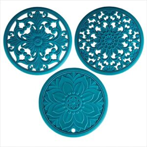 Viwehots Silicone Trivets Mats -Silicon Mat for Hot Pots and Pans, Round Hot Pads and Mats, Flexible Modern Kitchen Table Mat, Heat Resistant Multi-Use Carved Teapot Coaster Set of 3 Teal