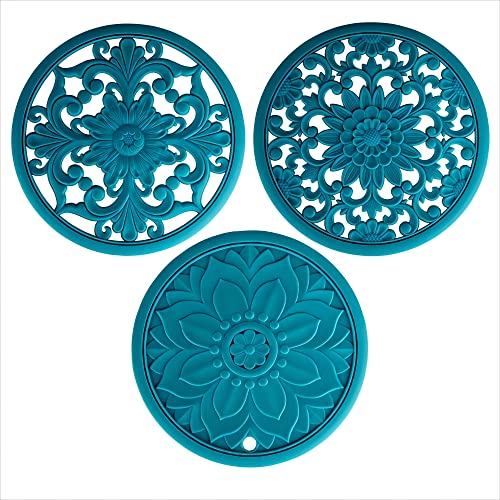 Viwehots Silicone Trivets Mats -Silicon Mat for Hot Pots and Pans, Round Hot Pads and Mats, Flexible Modern Kitchen Table Mat, Heat Resistant Multi-Use Carved Teapot Coaster Set of 3 Teal