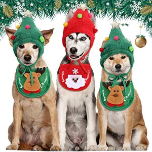 Lauwell 4 Pcs Christmas Dog Pet Costume Include 2 Christmas Tree Hat Small Dog Headgear and 2 Adjustable Collars Bib Santa Elf Cat Bib for Xmas Dog Cat Outfit Clothing Party Accessory