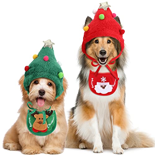 Lauwell 4 Pcs Christmas Dog Pet Costume Include 2 Christmas Tree Hat Small Dog Headgear and 2 Adjustable Collars Bib Santa Elf Cat Bib for Xmas Dog Cat Outfit Clothing Party Accessory