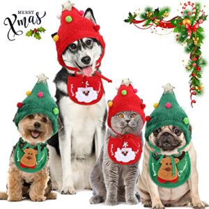 Lauwell 4 Pcs Christmas Dog Pet Costume Include 2 Christmas Tree Hat Small Dog Headgear and 2 Adjustable Collars Bib Santa Elf Cat Bib for Xmas Dog Cat Outfit Clothing Party Accessory