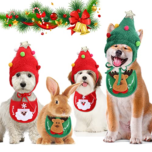 Lauwell 4 Pcs Christmas Dog Pet Costume Include 2 Christmas Tree Hat Small Dog Headgear and 2 Adjustable Collars Bib Santa Elf Cat Bib for Xmas Dog Cat Outfit Clothing Party Accessory