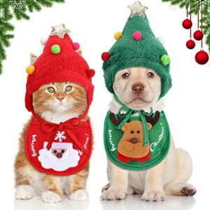 Lauwell 4 Pcs Christmas Dog Pet Costume Include 2 Christmas Tree Hat Small Dog Headgear and 2 Adjustable Collars Bib Santa Elf Cat Bib for Xmas Dog Cat Outfit Clothing Party Accessory