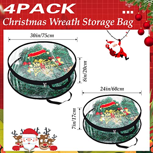 Zhengmy 30'' 24'' Christmas Wreath Storage Container - 4 Pack Clear Xmas Bags with Handle and Dual Zipper Plastic Decorative Protector for Seasonal Holiday Garland (Black)