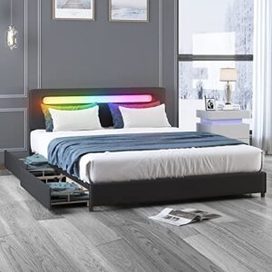 balus queen size bed frame with smart led lights pvc fabric tufted headboard upholstered platform bed frame with storage drawers - black