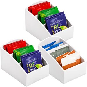 coloch 3 pack plastic sugar packet organizer, 3 compartments tea bag storage caddy divided white food spice packet holder bin for kitchen pantry, cabinet, countertop, snack bar, 4.7x3x3.5 inch