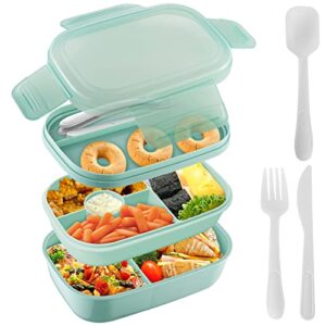 landmore bento box adult lunch box, 3 stackable bento lunch containers for adults/kids, 3 layers all-in-one bento box with utensil set, leak-proof bento box for dining out, work, picnic, school green