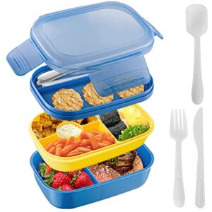 landmore bento box adult lunch box, 3 stackable bento lunch containers for adults/kids, 3 layers all-in-one bento box with utensil set, leak-proof bento box for dining out, work, picnic, school