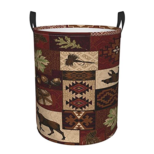 Rustic Cabin Wild Lodge Moose Deer Bear Circular Hamper Storage Basket Water-Proof Circular Dirty Clothes Hamper Laundry Basket With Handles Medium