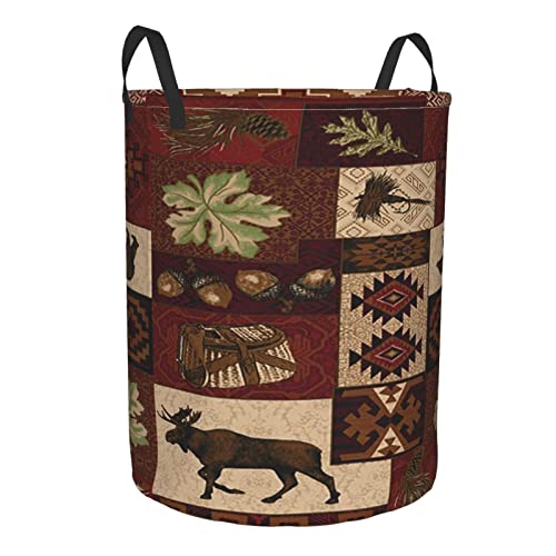 Rustic Cabin Wild Lodge Moose Deer Bear Circular Hamper Storage Basket Water-Proof Circular Dirty Clothes Hamper Laundry Basket With Handles Medium