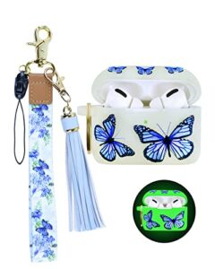 airpod pro case with keychain wristlet, oulraefs soft silicone skin case cute airpods pro case protective case cover with wrist key lanyard for airpods pro 2019, gifts for women, butterfly(luminous)