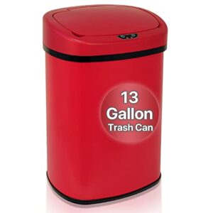 dkelincs 13 gallon kitchen trash can garbage can with lid automatic touch free stainless steel trash can for home office living room bedroom, 50 liter (red)